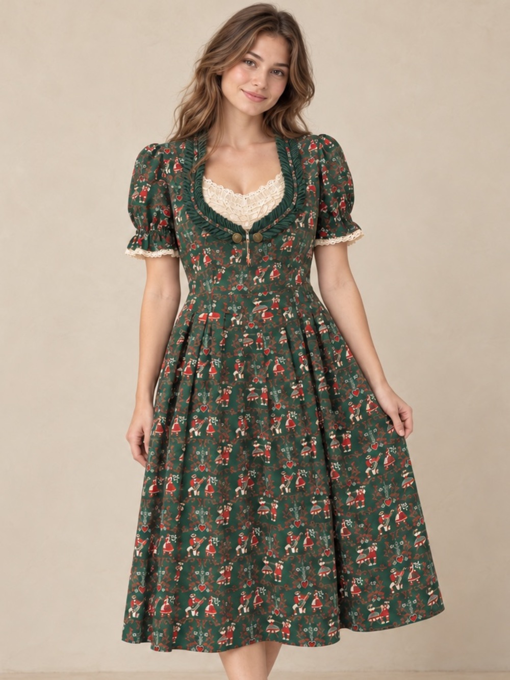 Vintage German Dirndl Folk Print Midi Dress Lace Size S
